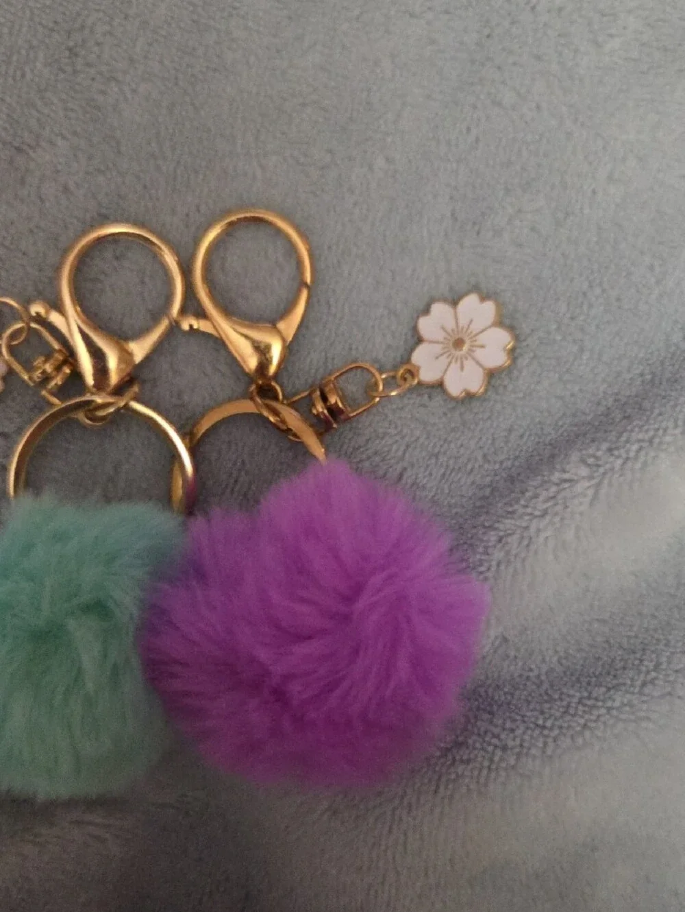 Gold Hardware Pom Pom Keychain Set with Mint and Purple Fur NWOT
